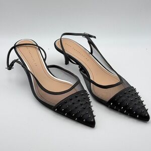 Zara Trafaluc Black Mesh Spiked Pointed Toe Slingback Kitten Heels Size 39